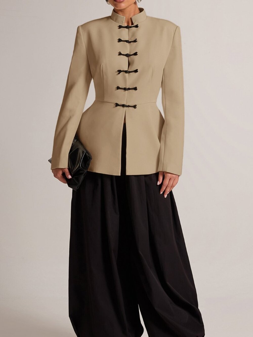 Khaki Elegant Women's Frog Button Casual Commute Travel Blazer